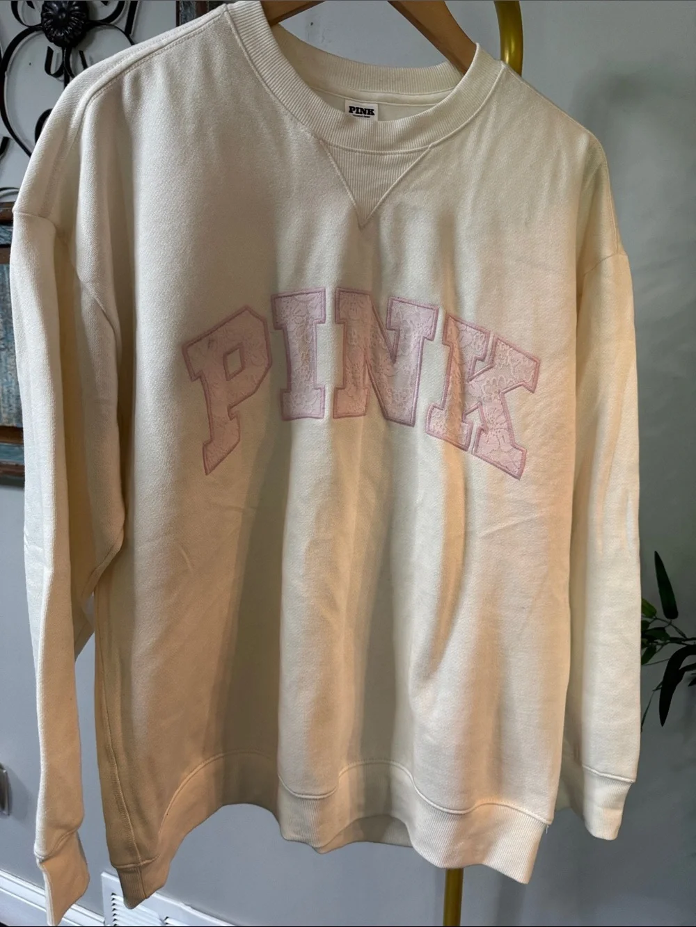 PINK Victoria's Secret Crewneck Cream Sweatshirt lace Light Pink Logo EUC M - Picture 3 of 10